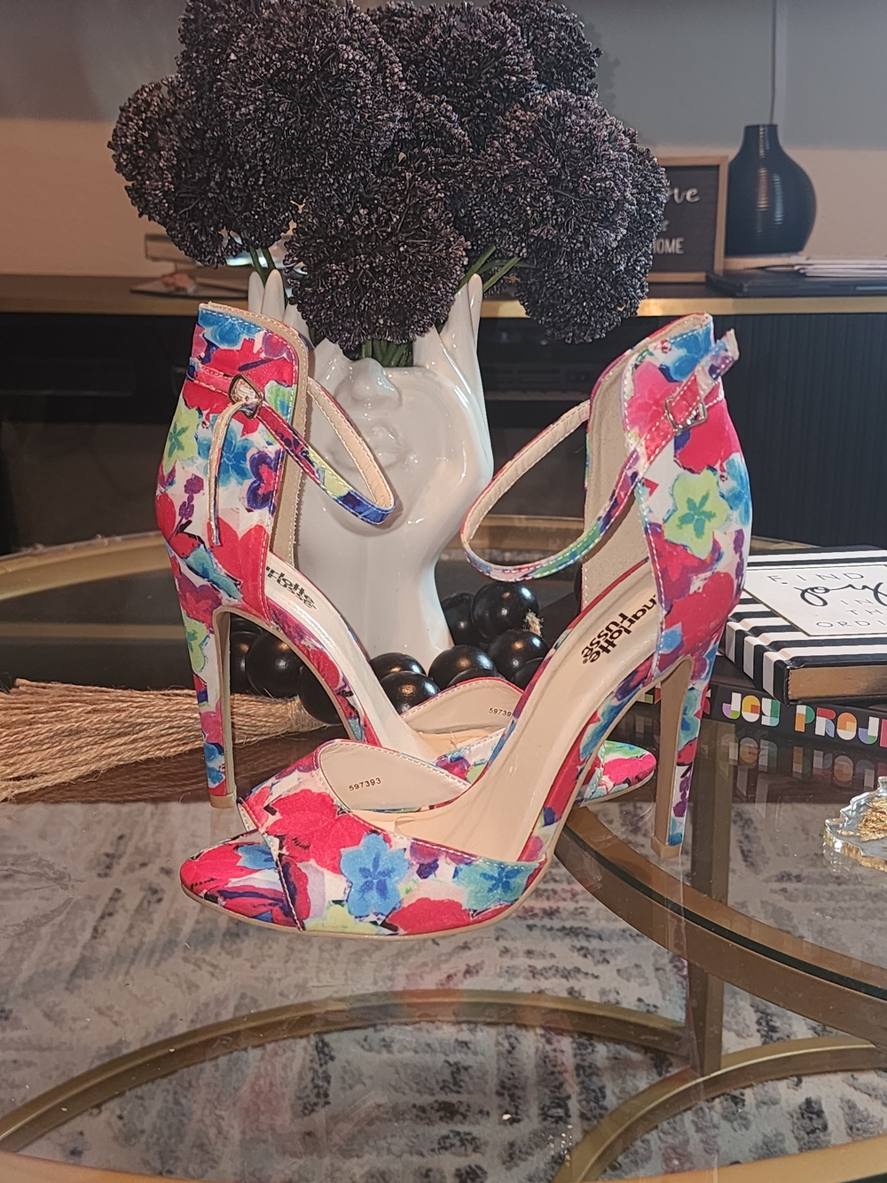Charlotte Russe Floral Open-Toe Ankle-Strap Heels - Red, Blue, Pink